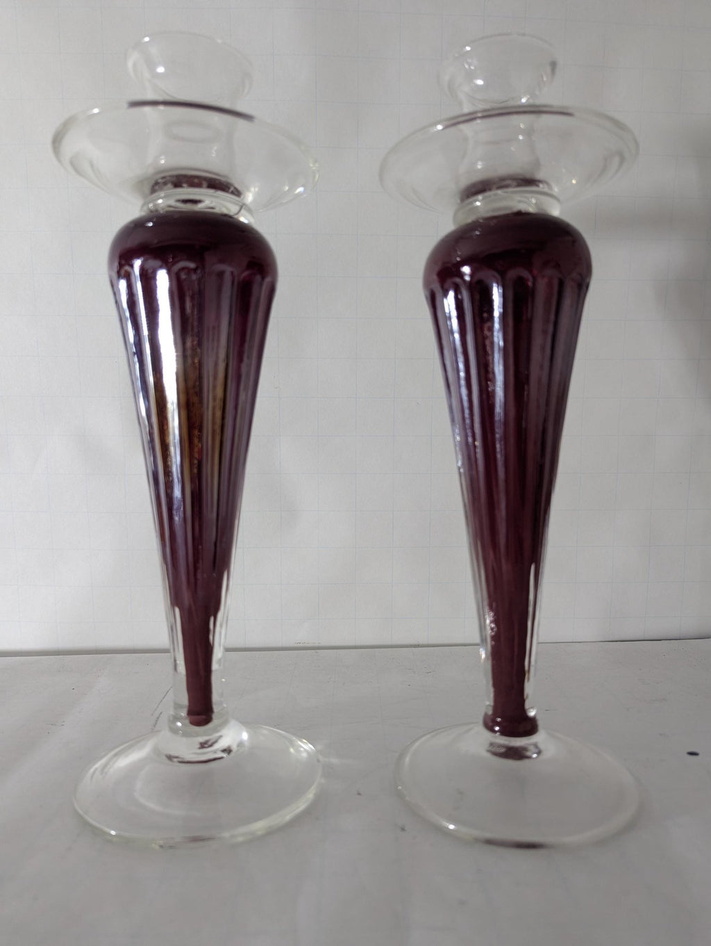 Raspberry Art Glass Candlestick Holders - The Relic Detail