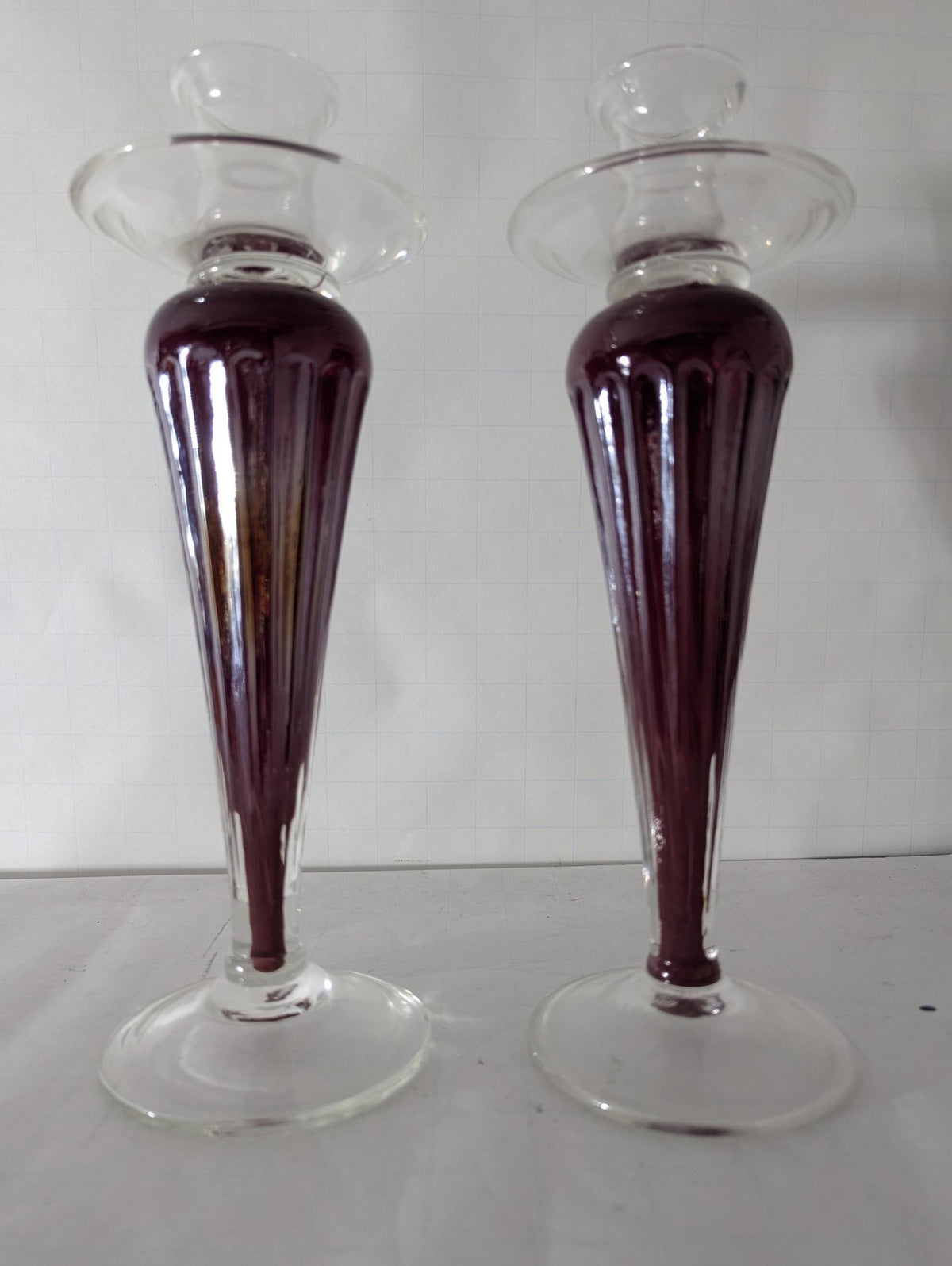 Raspberry Art Glass Candlestick Holders - The Relic Detail