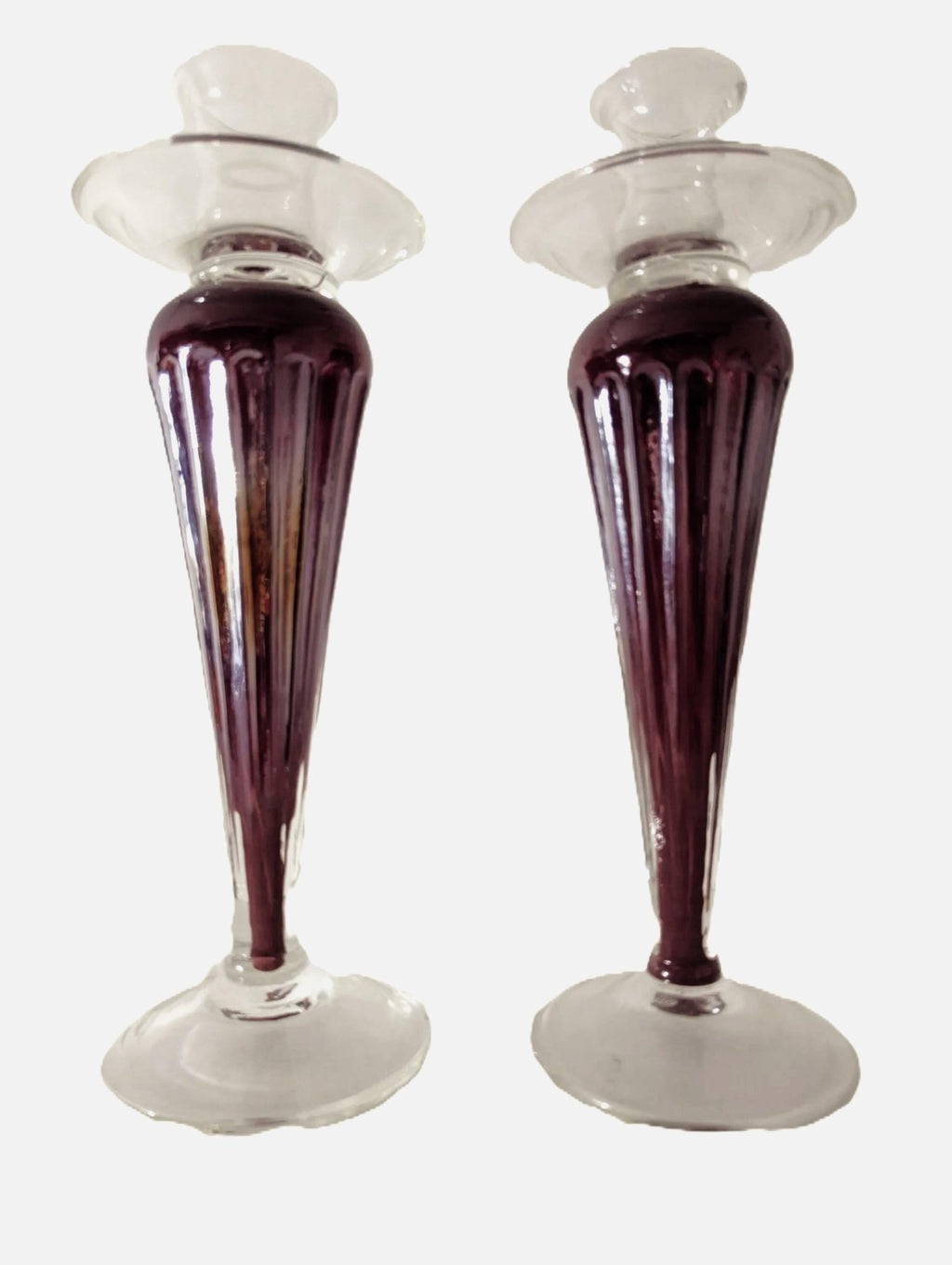 Raspberry Art Glass Candlestick Holders - The Relic Detail