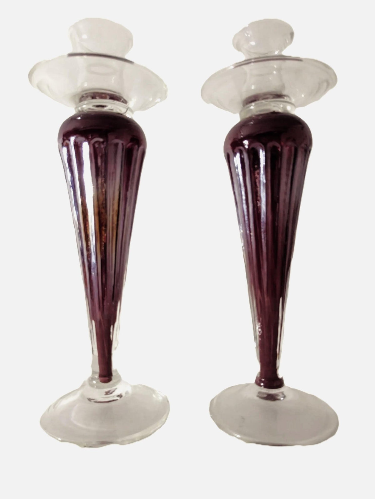 Raspberry Art Glass Candlestick Holders - The Relic Detail