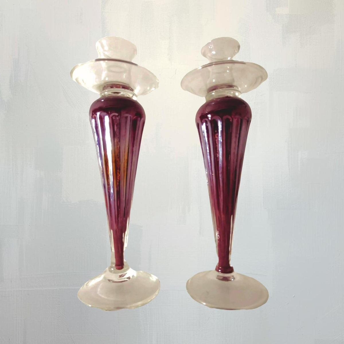 Raspberry Art Glass Candlestick Holders - The Relic Detail