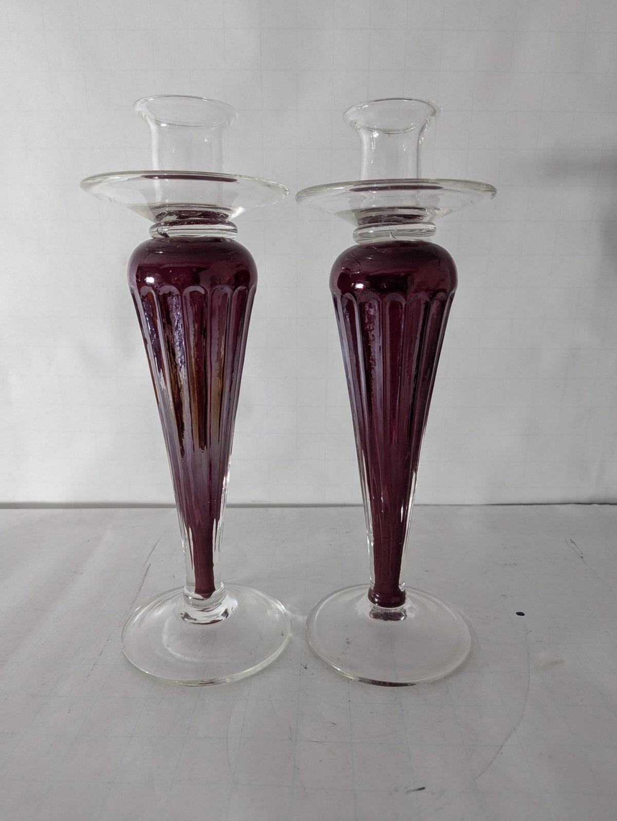 Raspberry Art Glass Candlestick Holders - The Relic Detail