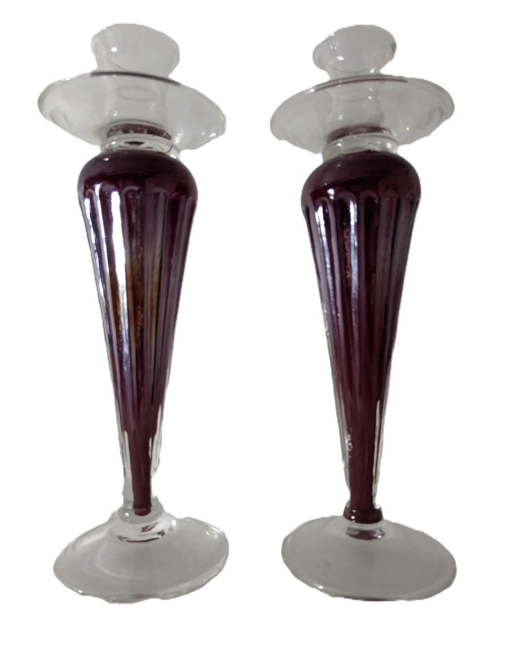 Raspberry Art Glass Candlestick Holders - The Relic Detail