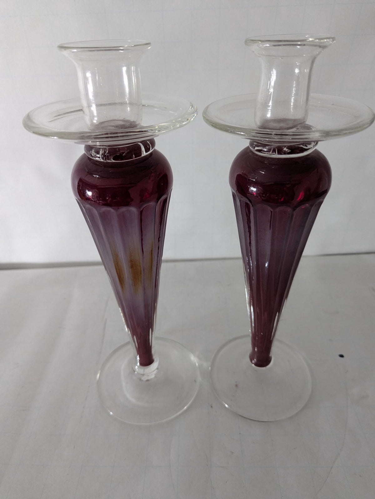 Raspberry Art Glass Candlestick Holders - The Relic Detail