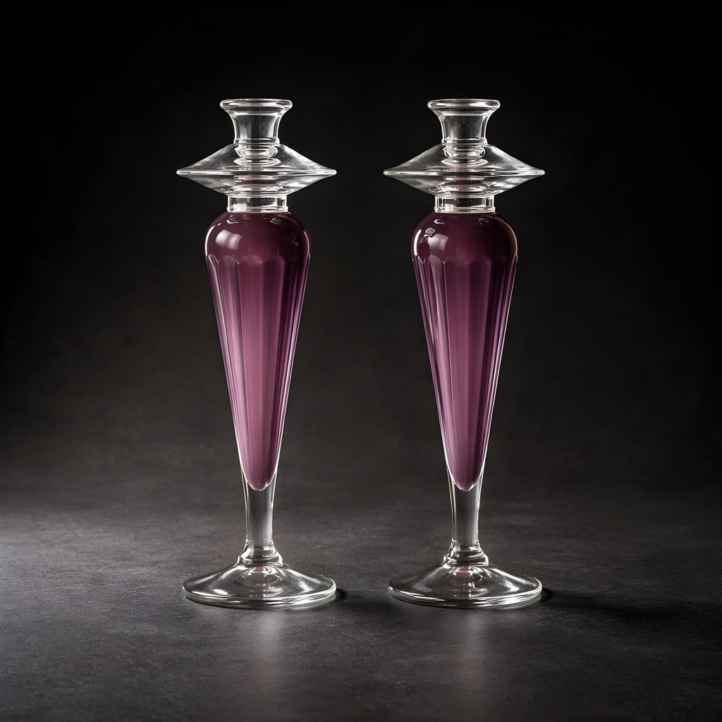 Raspberry Art Glass Candlestick Holders - The Relic Detail