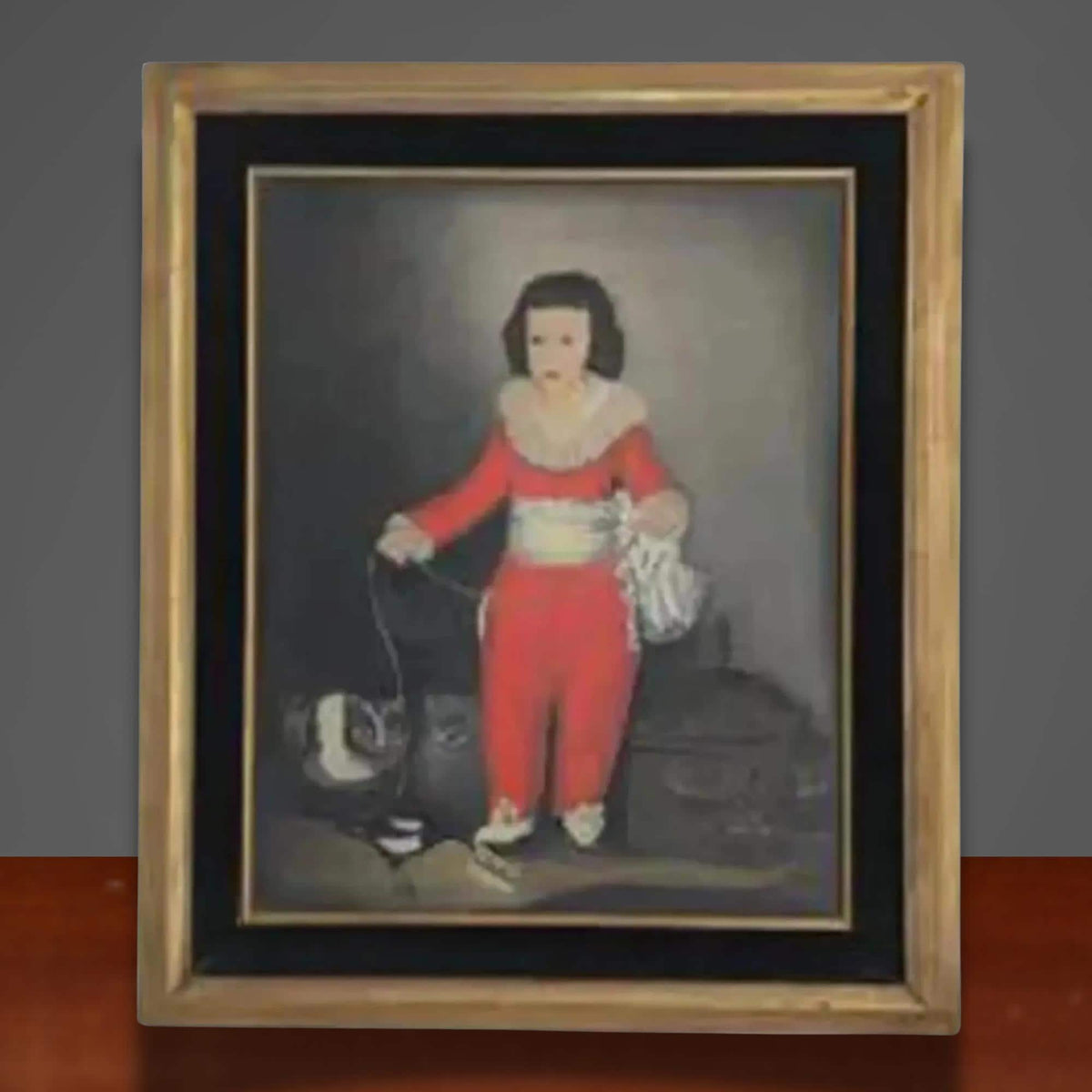 Red Boy Oil Painting Master Lambton Portrait with Gold Black Velvet Frame 1960 - The Relic Detail