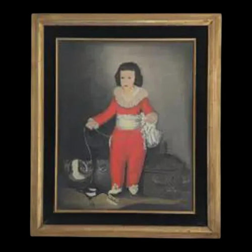 Red Boy Oil Painting Master Lambton Portrait with Gold Black Velvet Frame 1960 - The Relic Detail