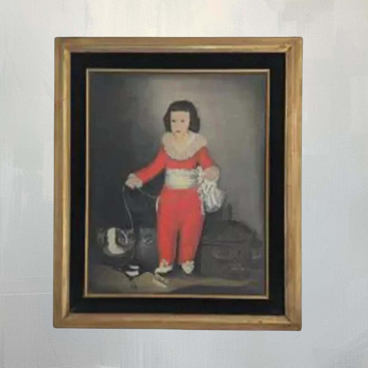 Red Boy Oil Painting Master Lambton Portrait with Gold Black Velvet Frame 1960 - The Relic Detail
