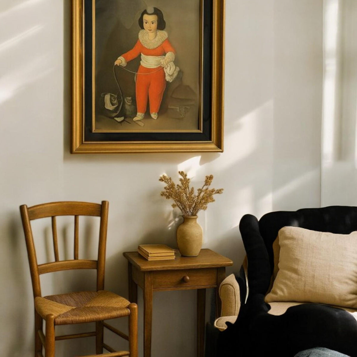 Red Boy Oil Painting Master Lambton Portrait with Gold Black Velvet Frame 1960 - The Relic Detail