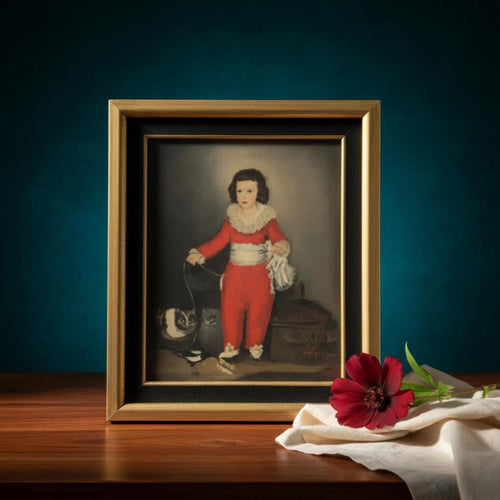 Red Boy Oil Painting Master Lambton Portrait with Gold Black Velvet Frame 1960 - The Relic Detail