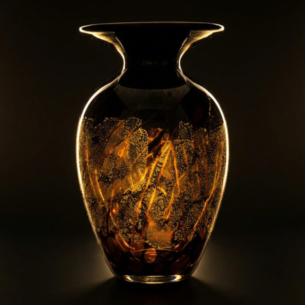 Signed Hand-Blown Art Glass Vase: Black Gold Flecks, Mid-Century Modern Home Decor - The Relic Detail