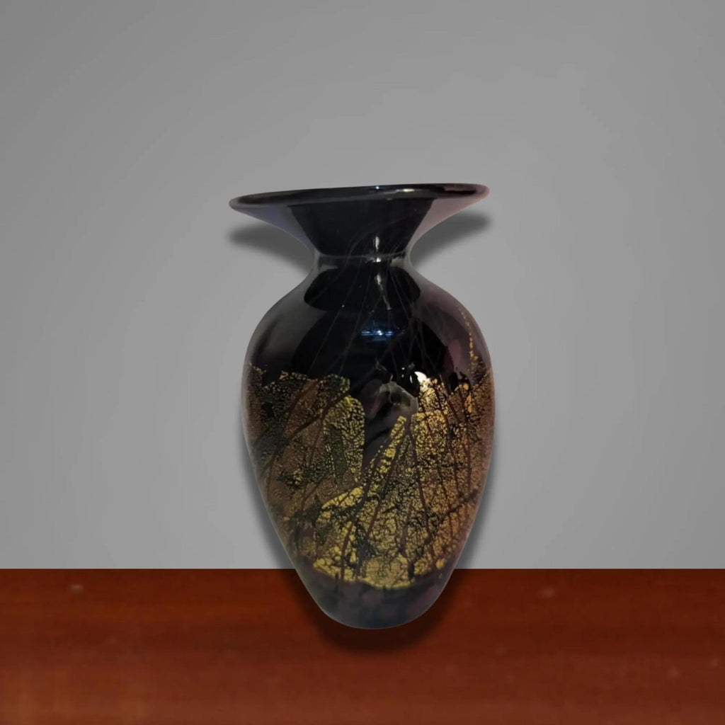 Signed Hand-Blown Art Glass Vase: Black Gold Flecks, Mid-Century Modern Home Decor - The Relic Detail