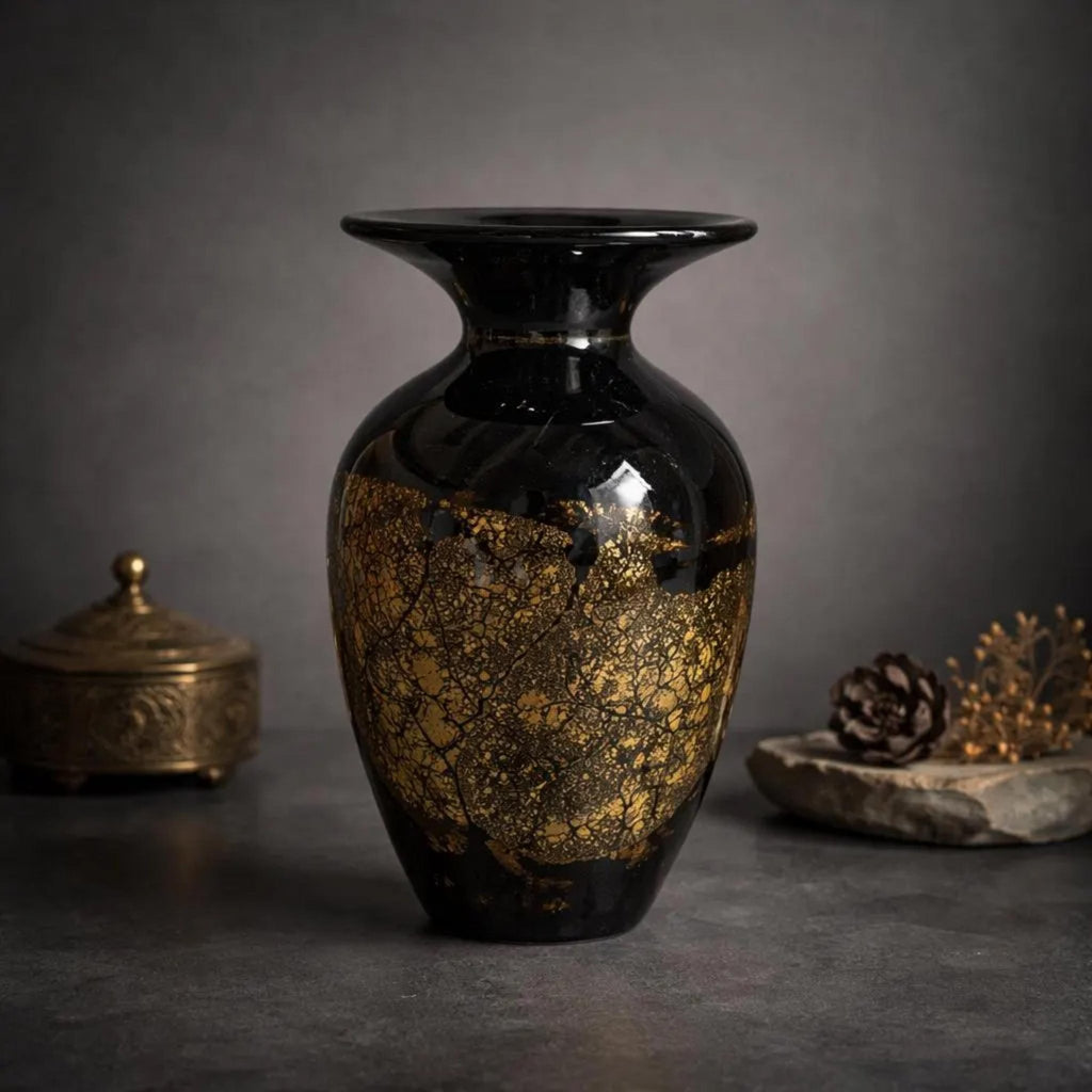 Signed Hand-Blown Art Glass Vase: Black Gold Flecks, Mid-Century Modern Home Decor - The Relic Detail