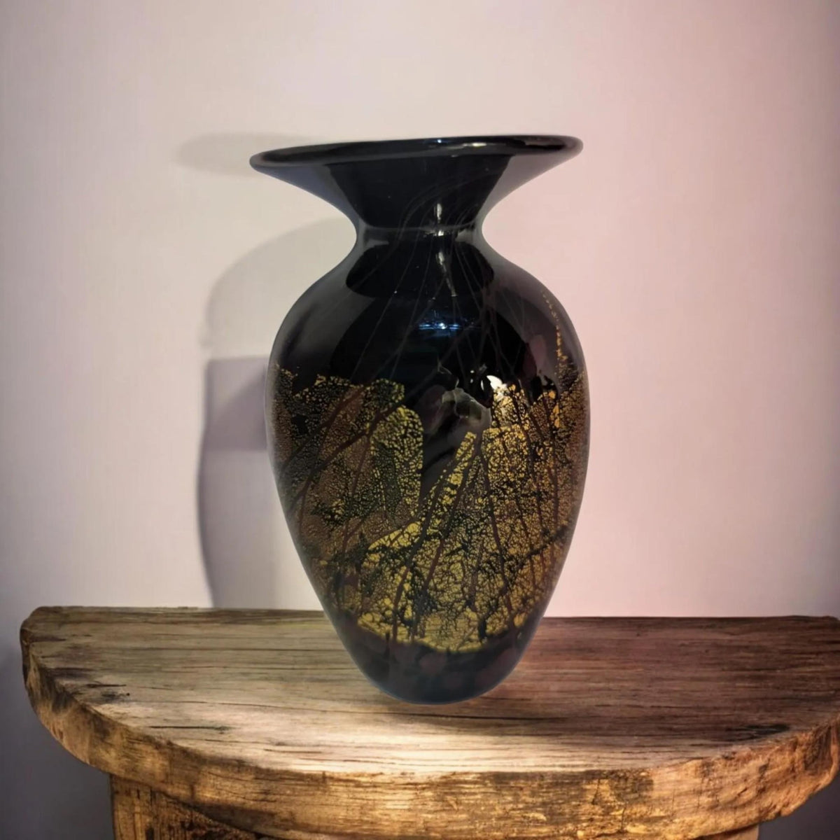 Signed Hand-Blown Art Glass Vase: Black Gold Flecks, Mid-Century Modern Home Decor - The Relic Detail