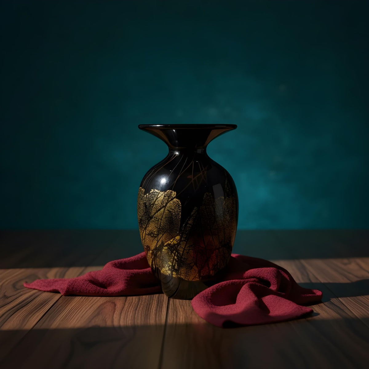 Signed Hand-Blown Art Glass Vase: Black Gold Flecks, Mid-Century Modern Home Decor - The Relic Detail