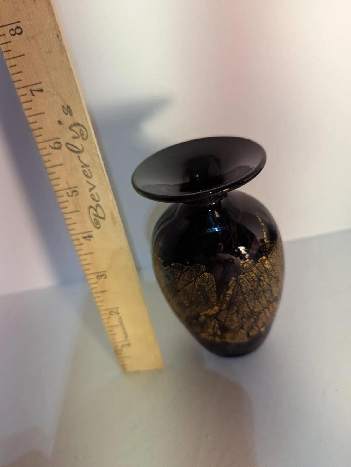 Signed Hand-Blown Art Glass Vase: Black Gold Flecks, Mid-Century Modern Home Decor - The Relic Detail