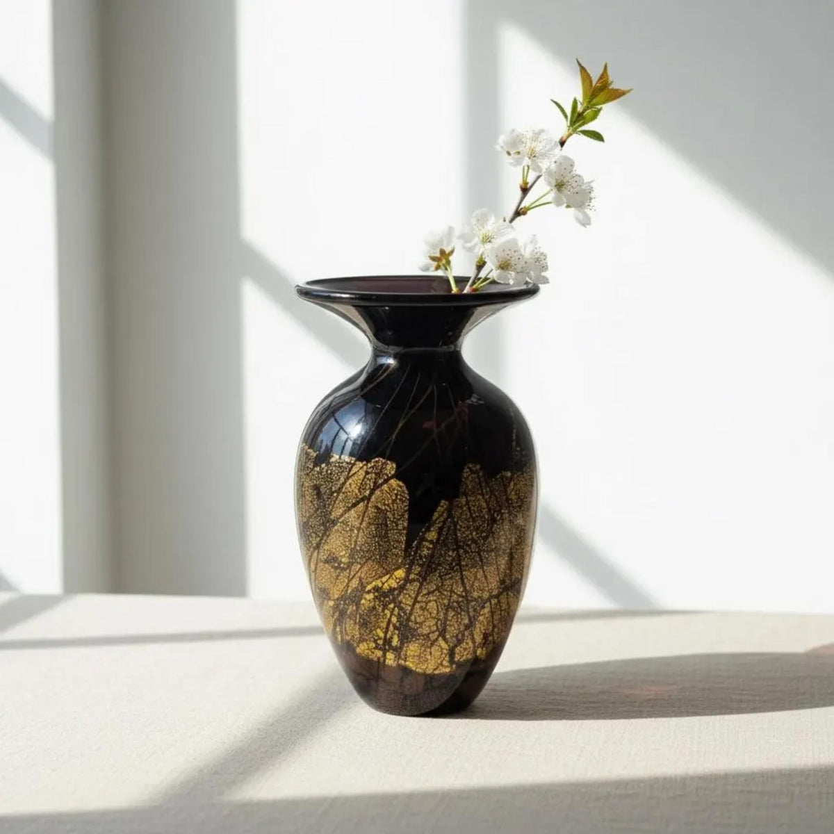 Signed Hand-Blown Art Glass Vase: Black Gold Flecks, Mid-Century Modern Home Decor - The Relic Detail