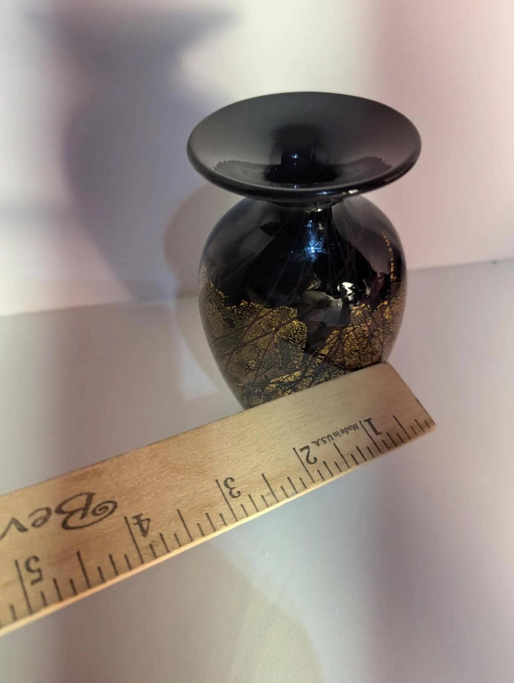 Signed Hand-Blown Art Glass Vase: Black Gold Flecks, Mid-Century Modern Home Decor - The Relic Detail