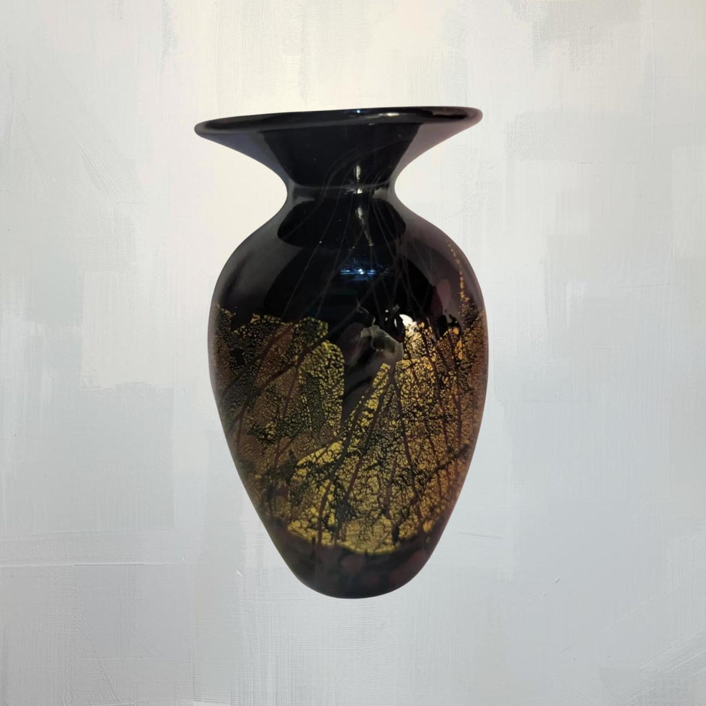 Signed Hand-Blown Art Glass Vase: Black Gold Flecks, Mid-Century Modern Home Decor - The Relic Detail