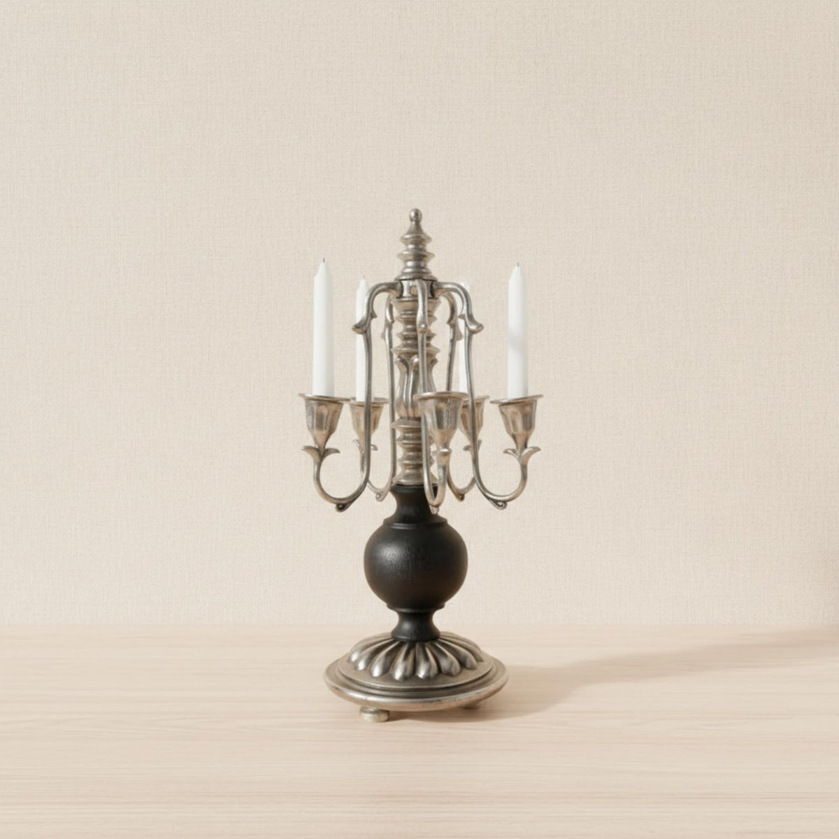 Silver & Black Painted Wood Candelabra Candleholder - The Relic Detail