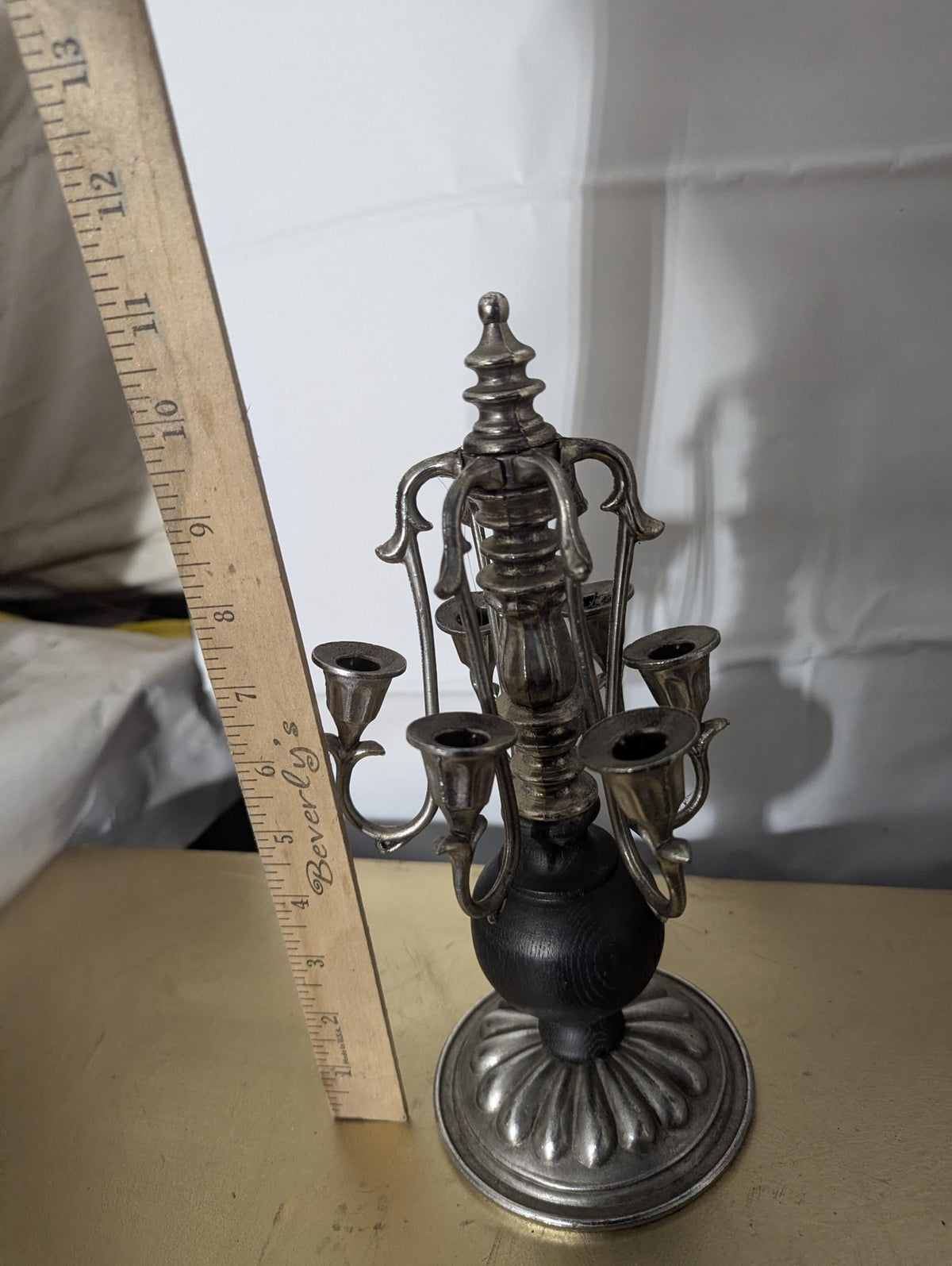Silver & Black Painted Wood Candelabra Candleholder - The Relic Detail