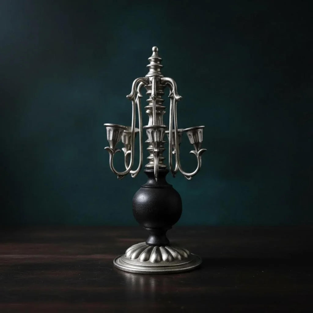 Silver & Black Painted Wood Candelabra Candleholder - The Relic Detail