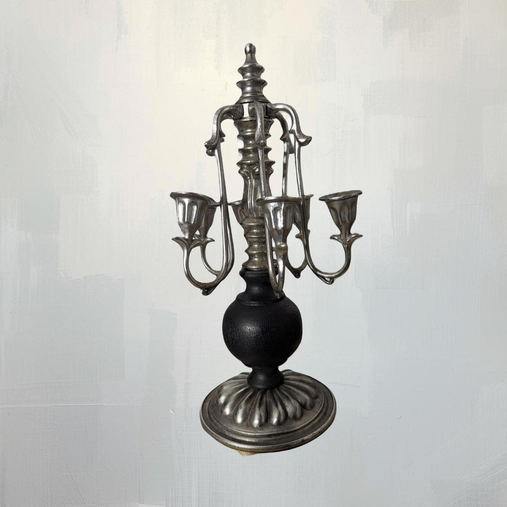 Silver & Black Painted Wood Candelabra Candleholder - The Relic Detail