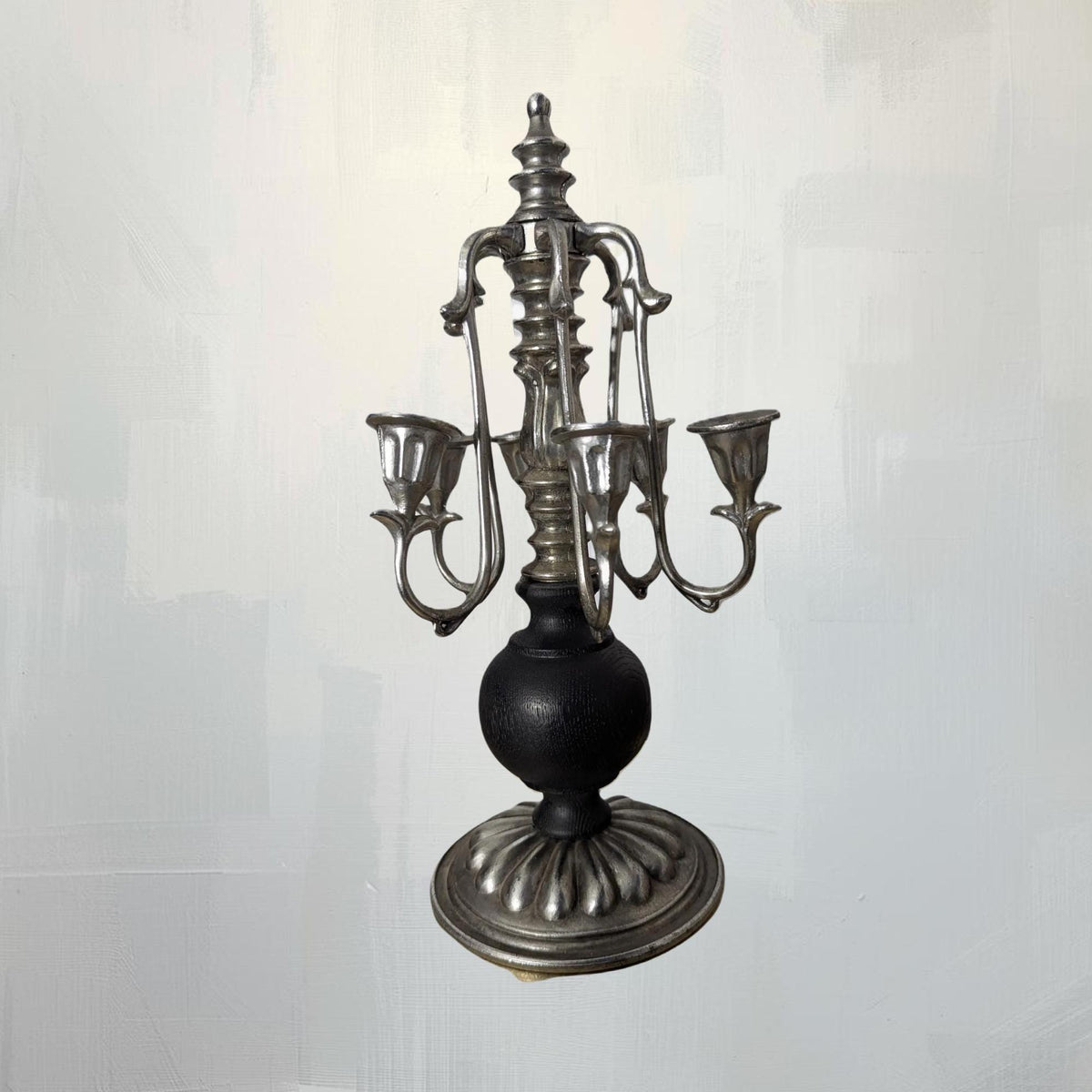 Silver & Black Painted Wood Candelabra Candleholder - The Relic Detail