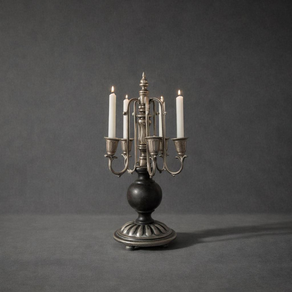 Silver & Black Painted Wood Candelabra Candleholder - The Relic Detail