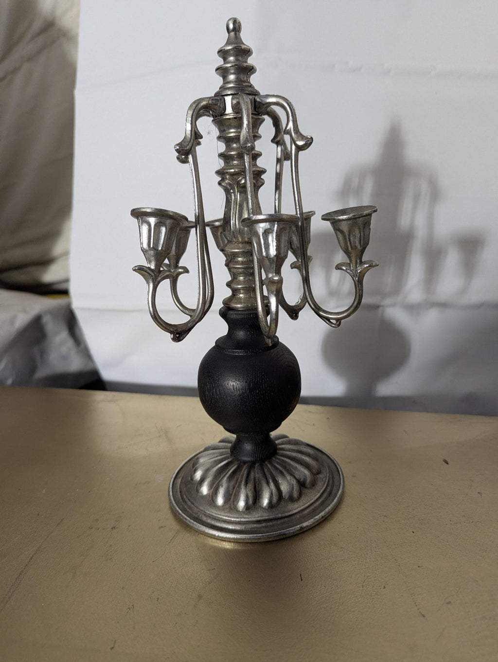 Silver & Black Painted Wood Candelabra Candleholder - The Relic Detail