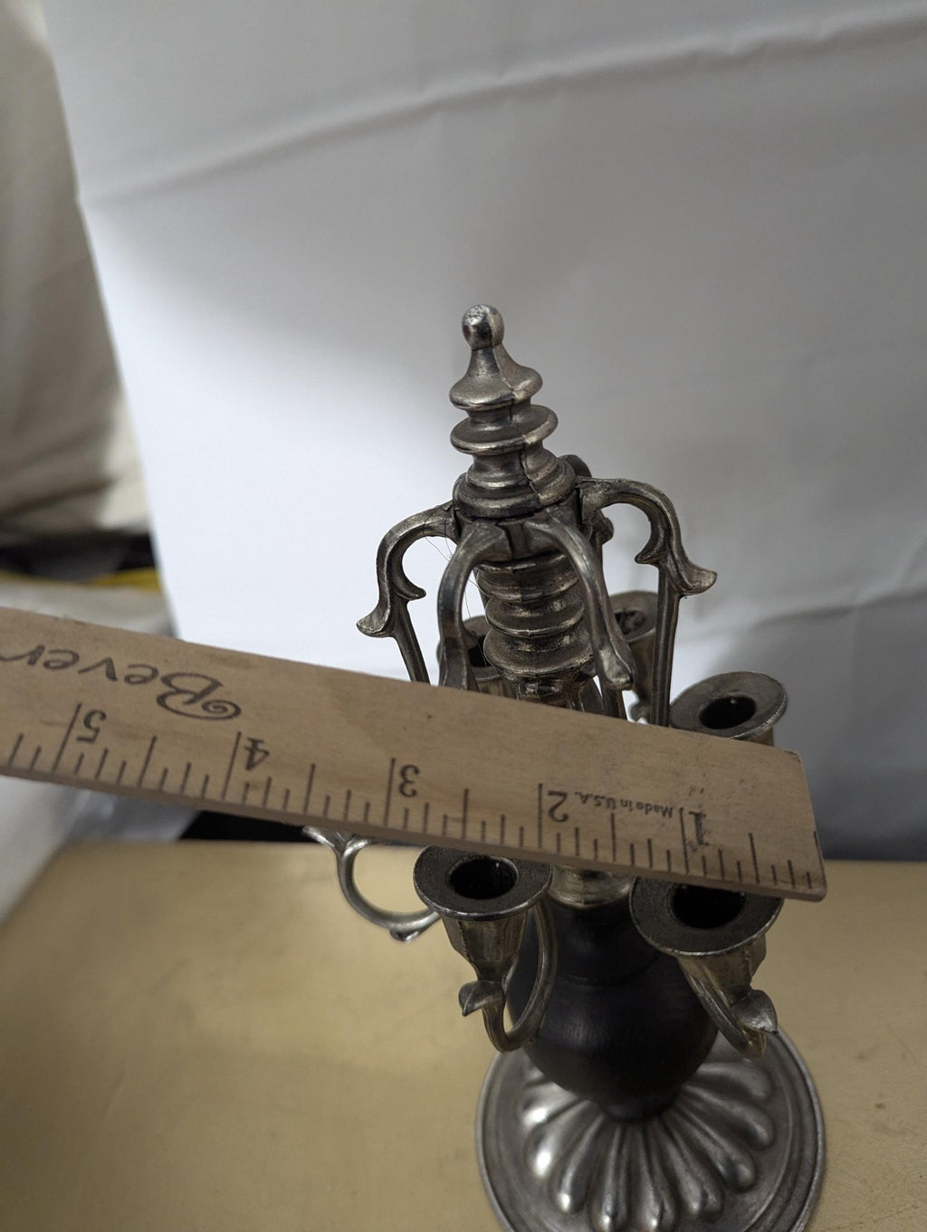 Silver & Black Painted Wood Candelabra Candleholder - The Relic Detail
