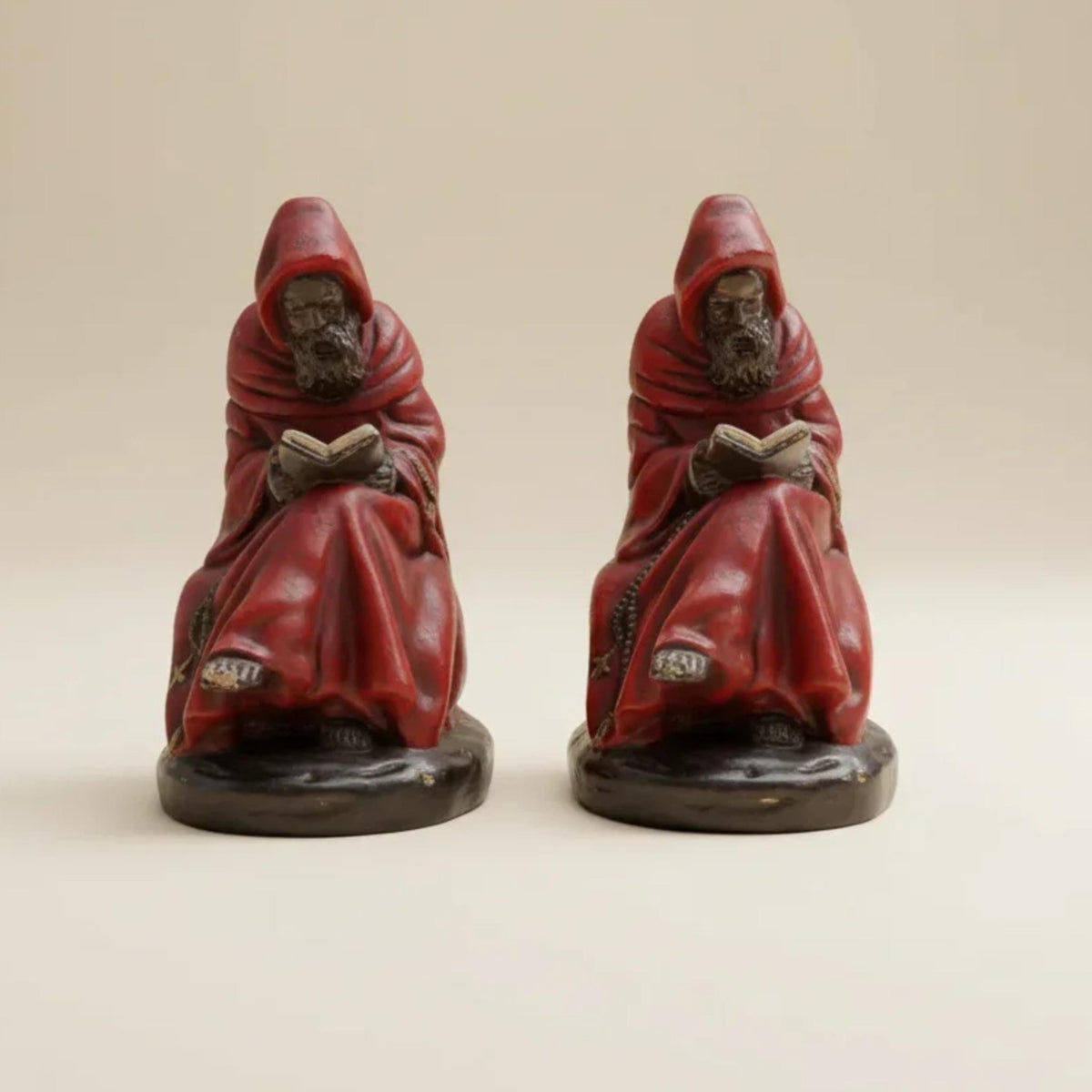 Solid Bronze Monk Bookends - Red Friar Reading Library Decor Vintage Collectible Medieval Scholar Figurines - The Relic Detail