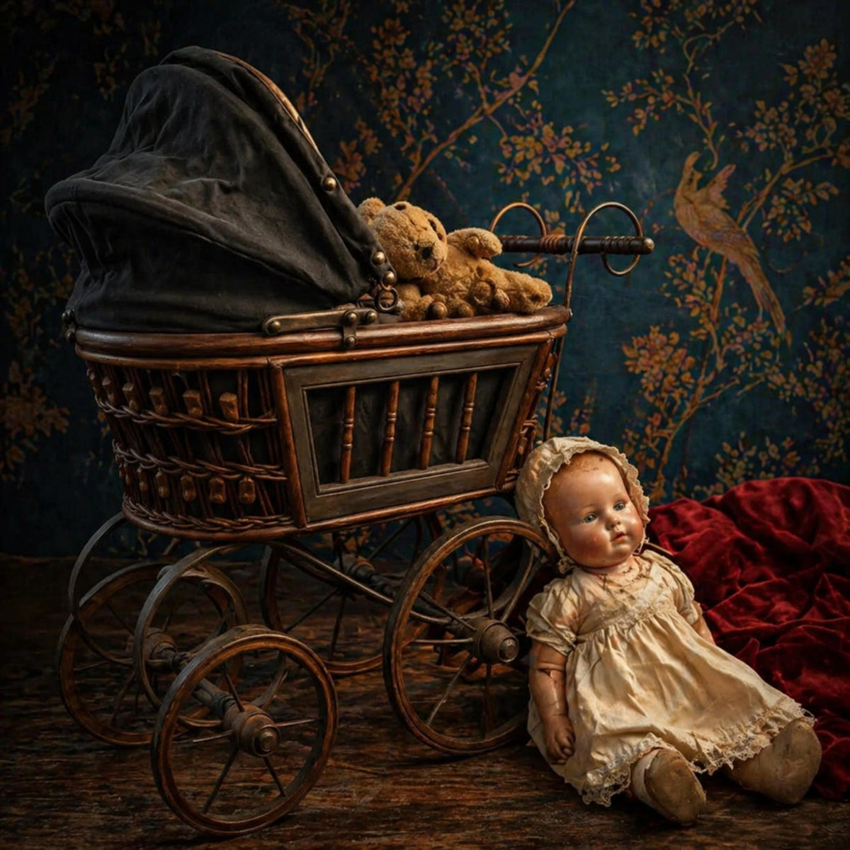 Victorian Baby Doll Carriage, Antique Gothic Toy Pram, Dark Academia Display Piece - The Relic Detail