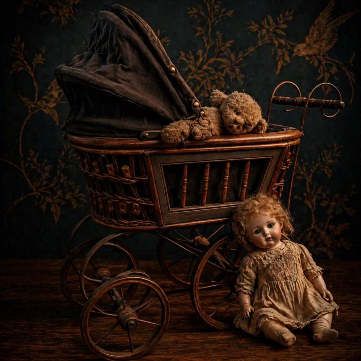 Victorian Baby Doll Carriage, Antique Gothic Toy Pram, Dark Academia Display Piece - The Relic Detail