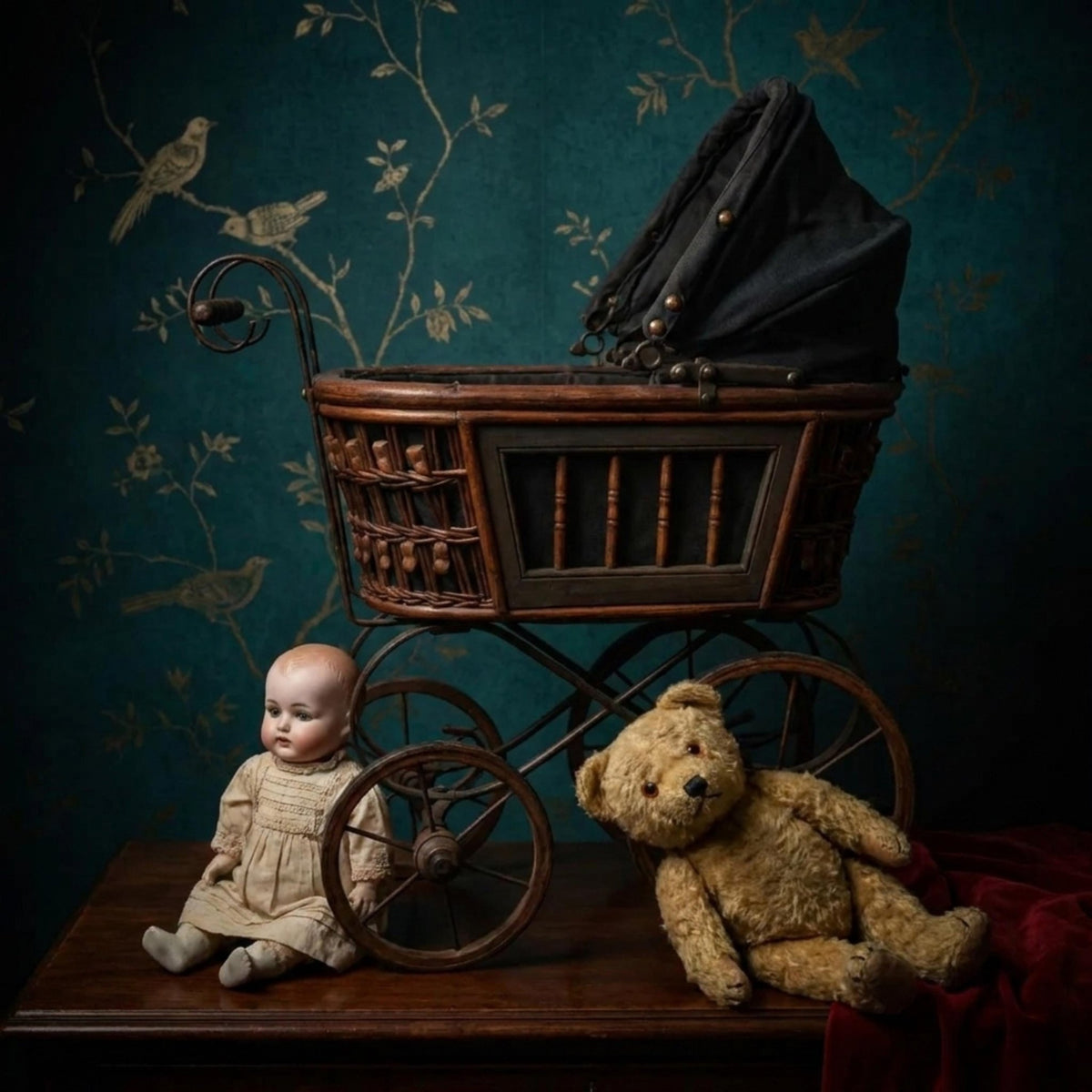 Victorian Baby Doll Carriage, Antique Gothic Toy Pram, Dark Academia Display Piece - The Relic Detail