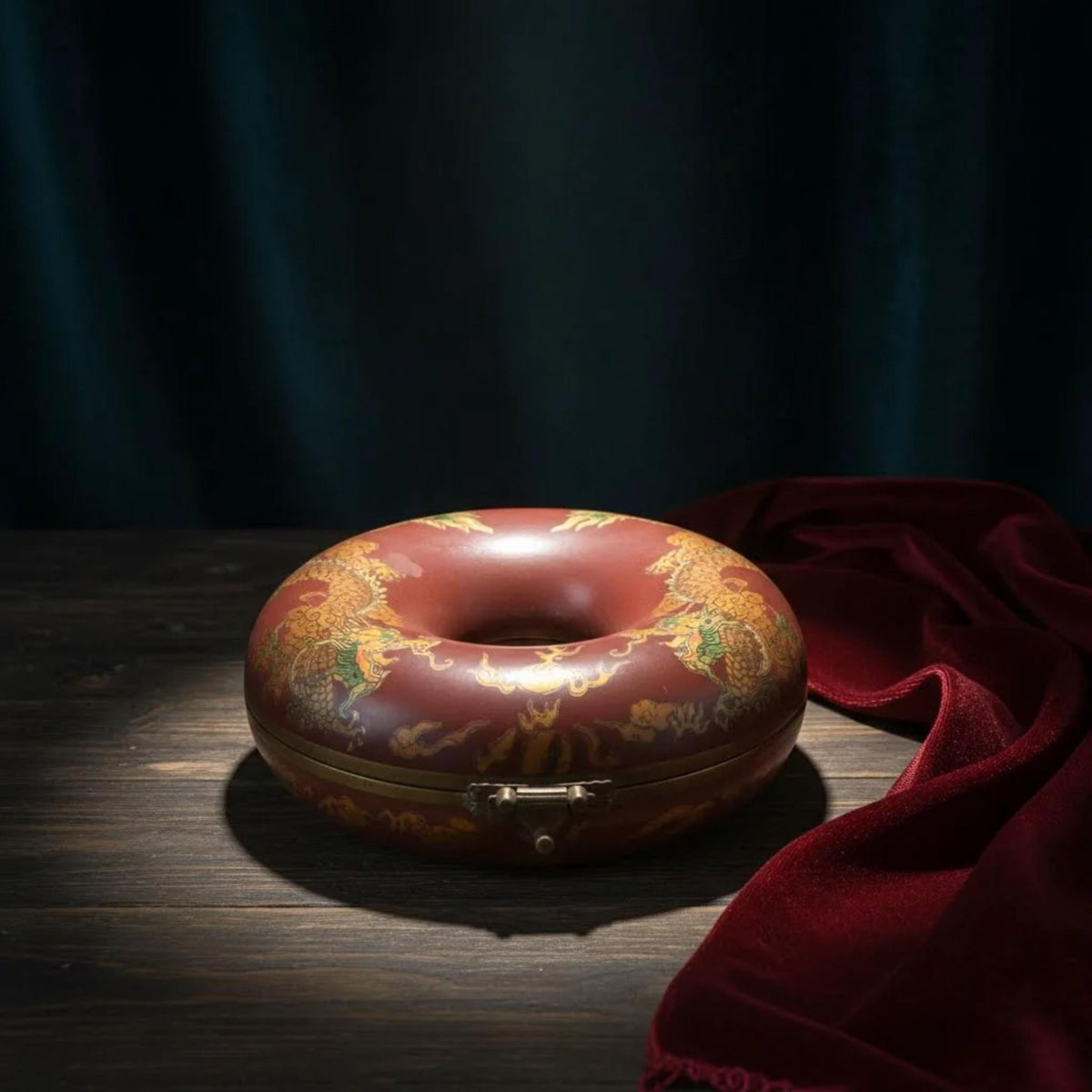 Vintage 1940s Chinese Red Lacquer Jewelry Box Hand Painted Round Antique Case - The Relic Detail