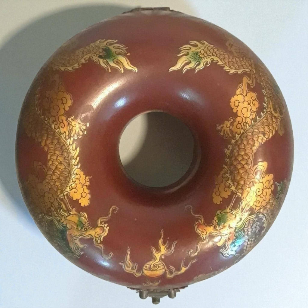 Vintage 1940s Chinese Red Lacquer Jewelry Box Hand Painted Round Antique Case - The Relic Detail