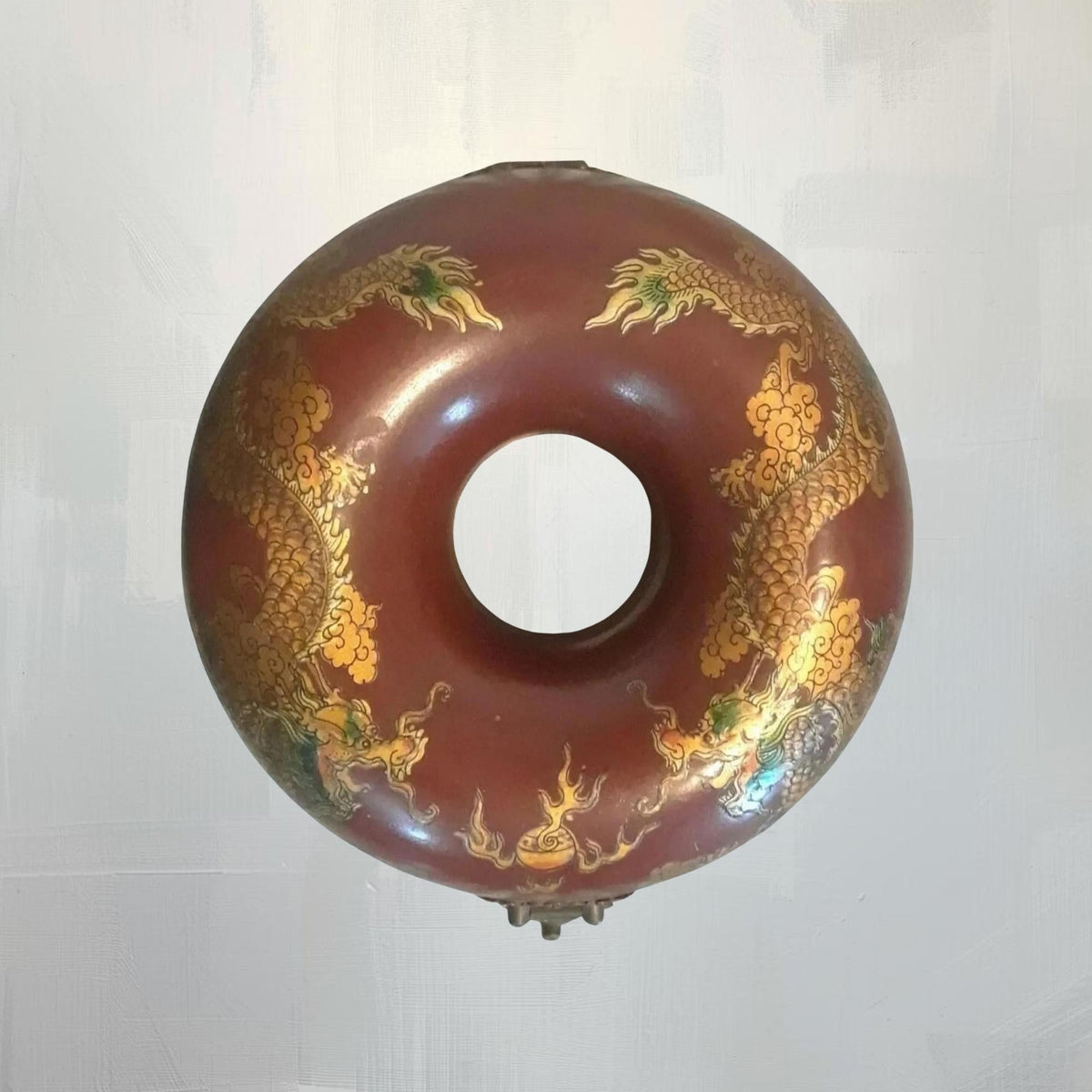 Vintage 1940s Chinese Red Lacquer Jewelry Box Hand Painted Round Antique Case - The Relic Detail