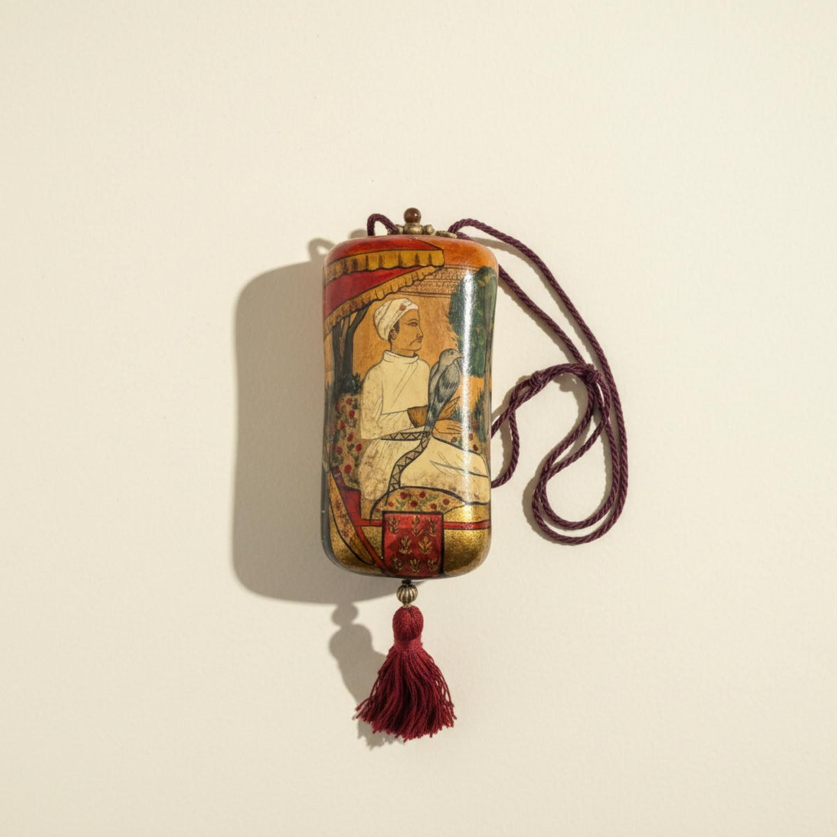 Vintage 1980s Indian Motif Laminated Art Box Purse with Red Tassel - Boho Statement Bag - The Relic Detail