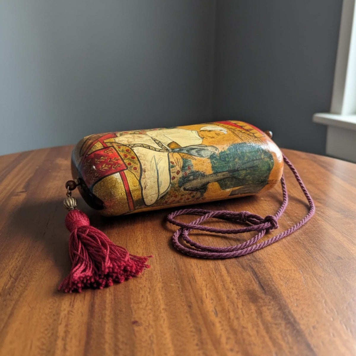 Vintage 1980s Indian Motif Laminated Art Box Purse with Red Tassel - Boho Statement Bag - The Relic Detail