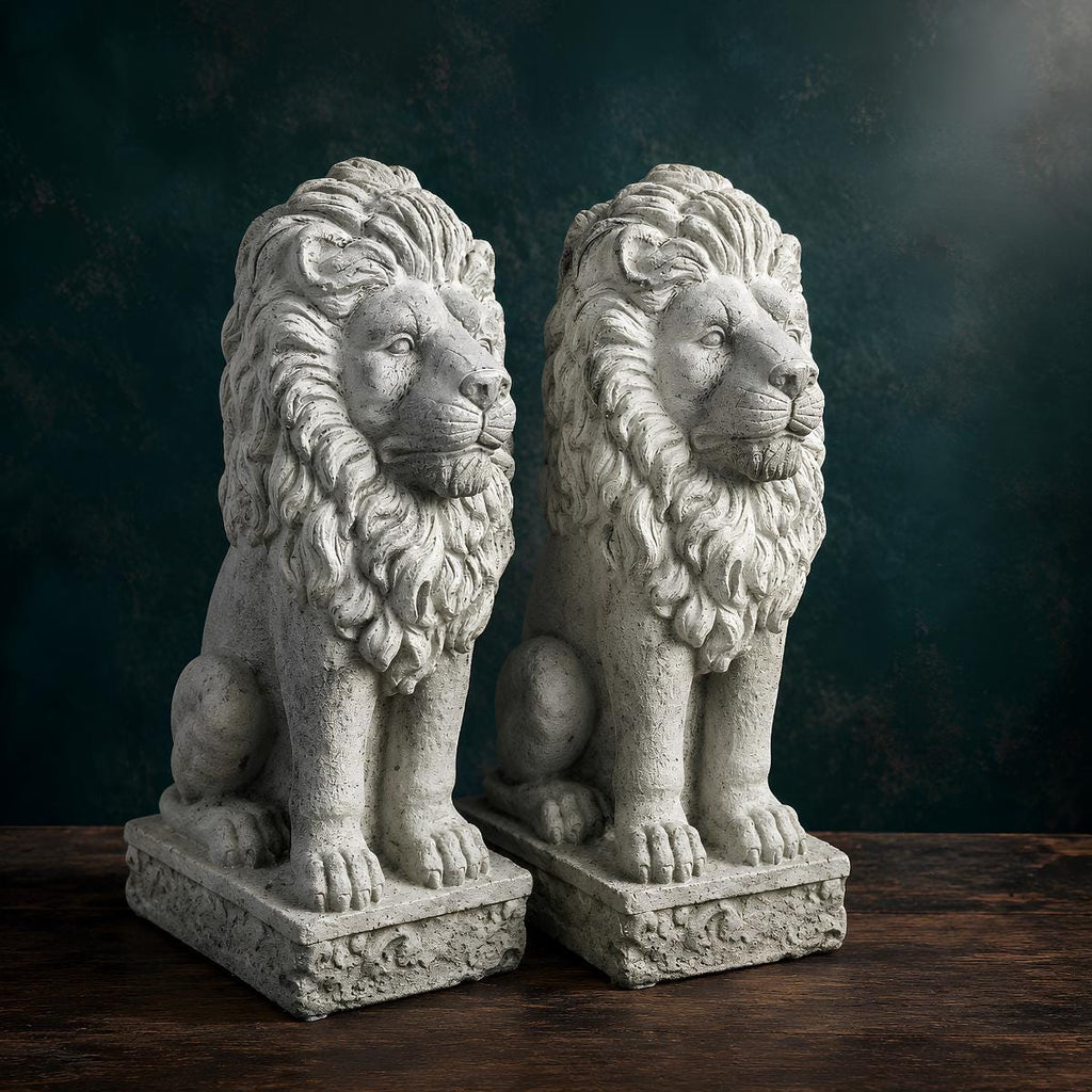 Vintage 24 inch Cast Stone Guardian Lion Statues - The Relic Detail