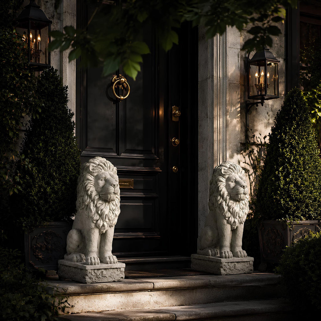 Vintage 24 inch Cast Stone Guardian Lion Statues - The Relic Detail