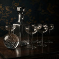 Vintage Bar Set Crystal Decanter, Hand-Blown Sphere, 6 Hollow Stem glasses, Art Deco - The Relic Detail