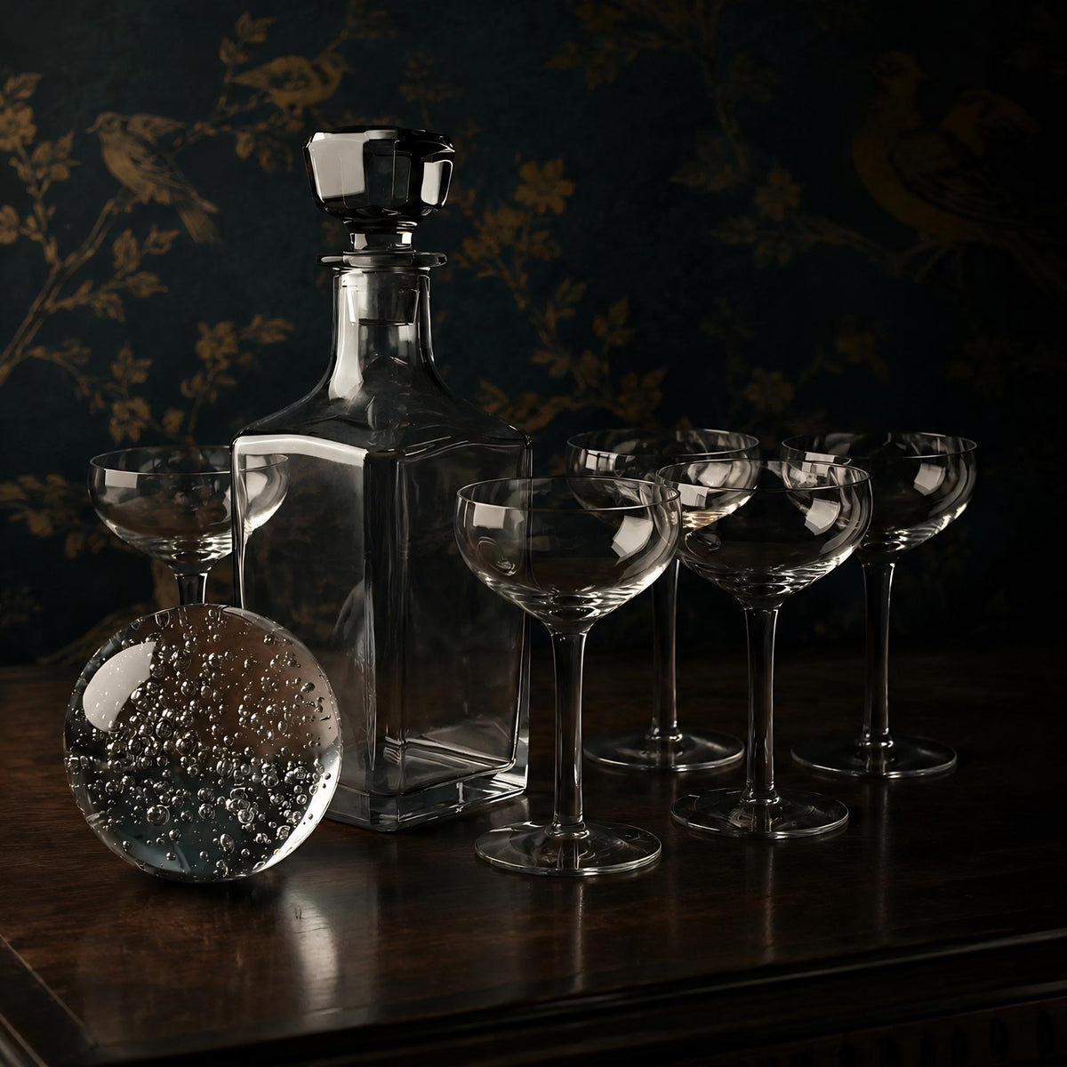 Vintage Bar Set Crystal Decanter, Hand-Blown Sphere, 6 Hollow Stem glasses, Art Deco - The Relic Detail