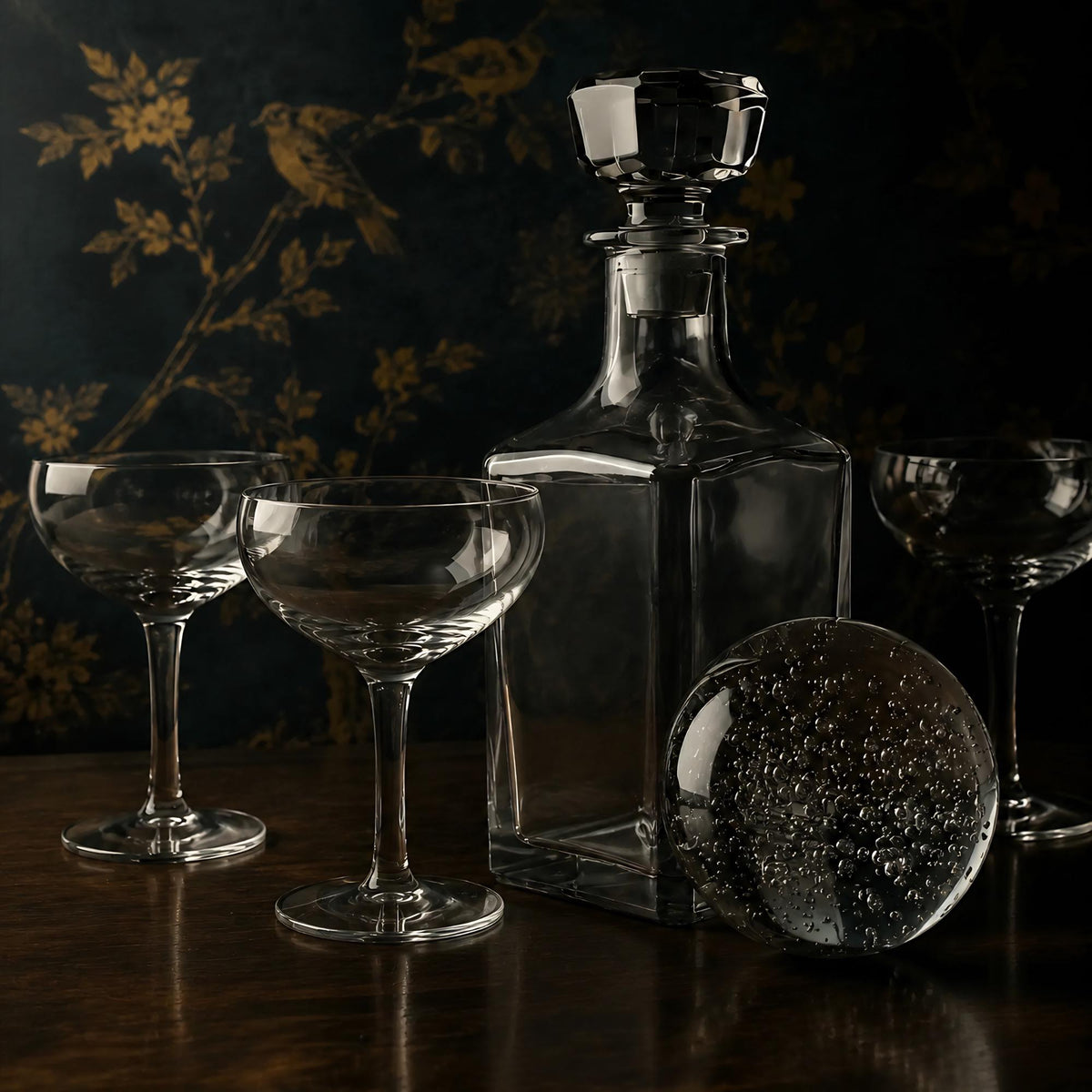 Vintage Bar Set Crystal Decanter, Hand-Blown Sphere, 6 Hollow Stem glasses, Art Deco - The Relic Detail