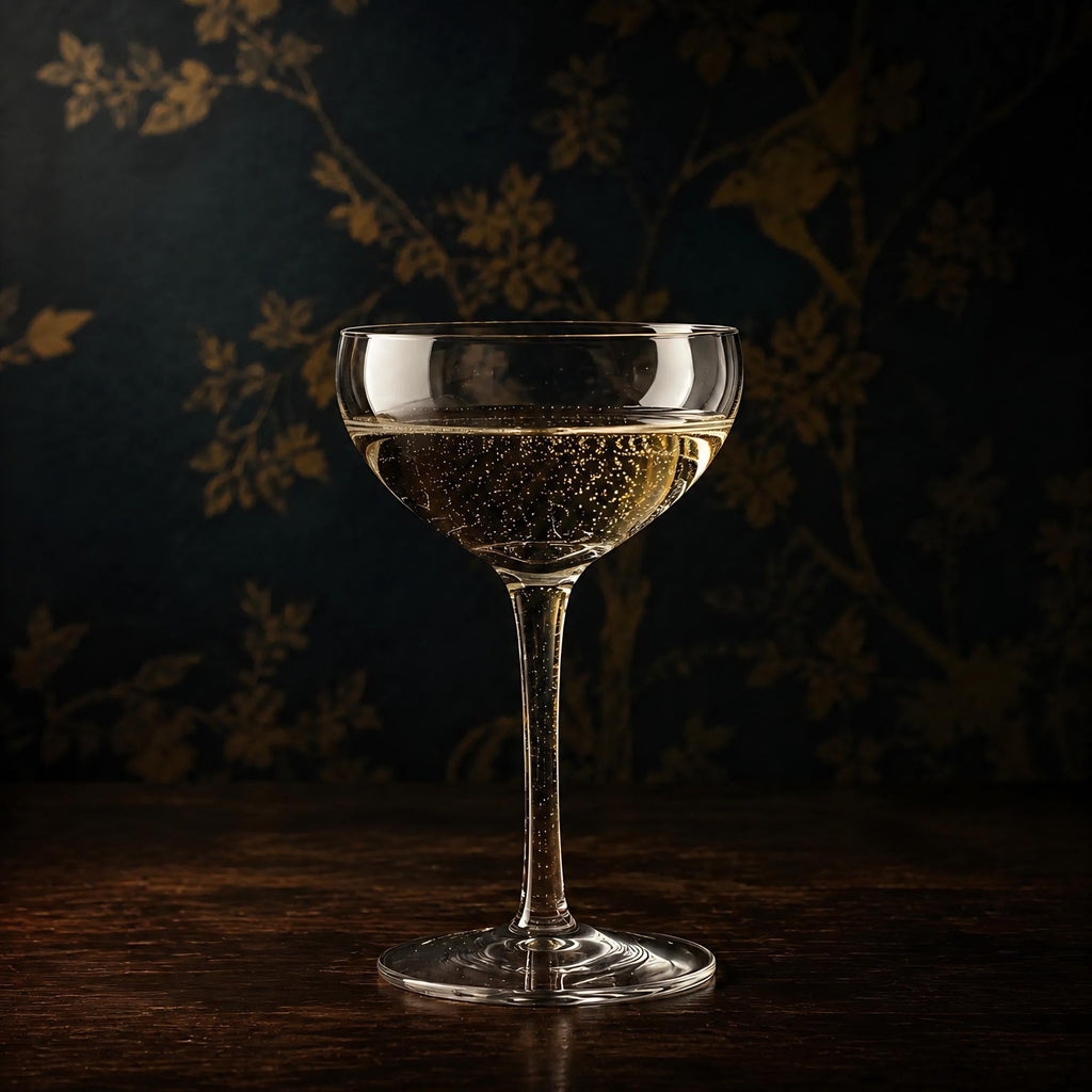 Vintage Bar Set Crystal Decanter, Hand-Blown Sphere, 6 Hollow Stem glasses, Art Deco - The Relic Detail
