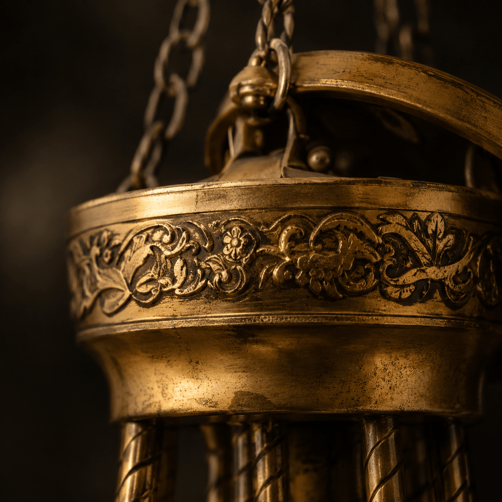 Vintage Brass 8-Arm Chandelier | Hanging Candelabra Light Fixture - The Relic Detail