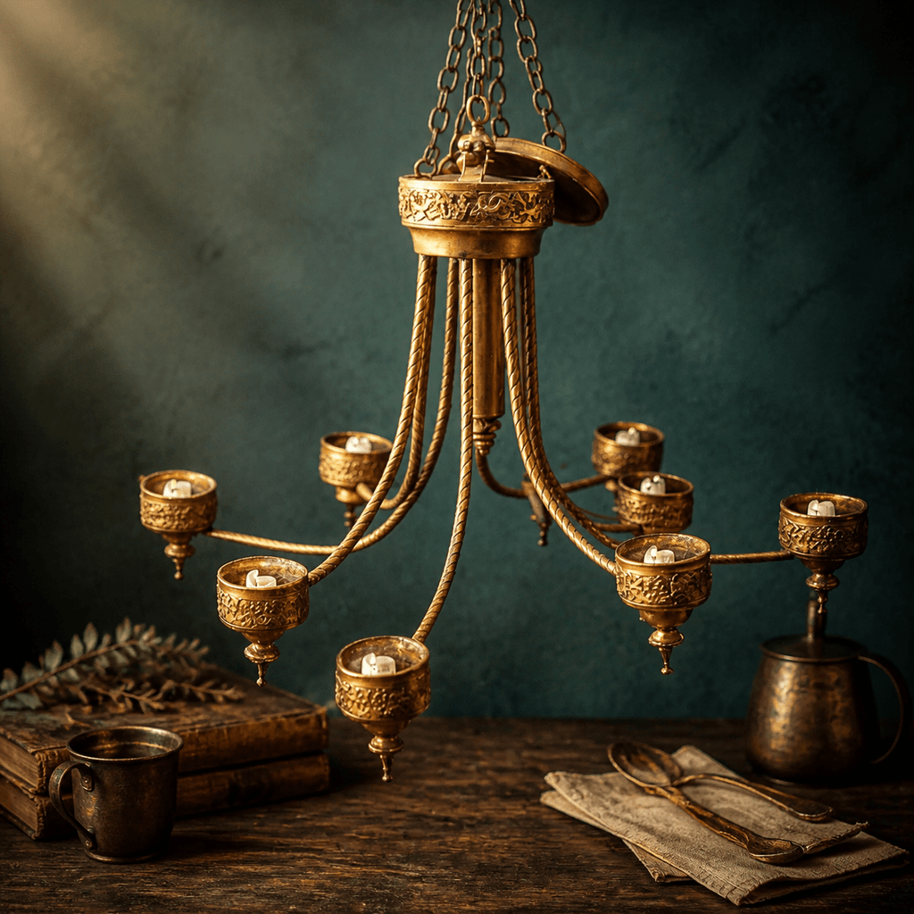 Vintage Brass 8-Arm Chandelier | Hanging Candelabra Light Fixture - The Relic Detail