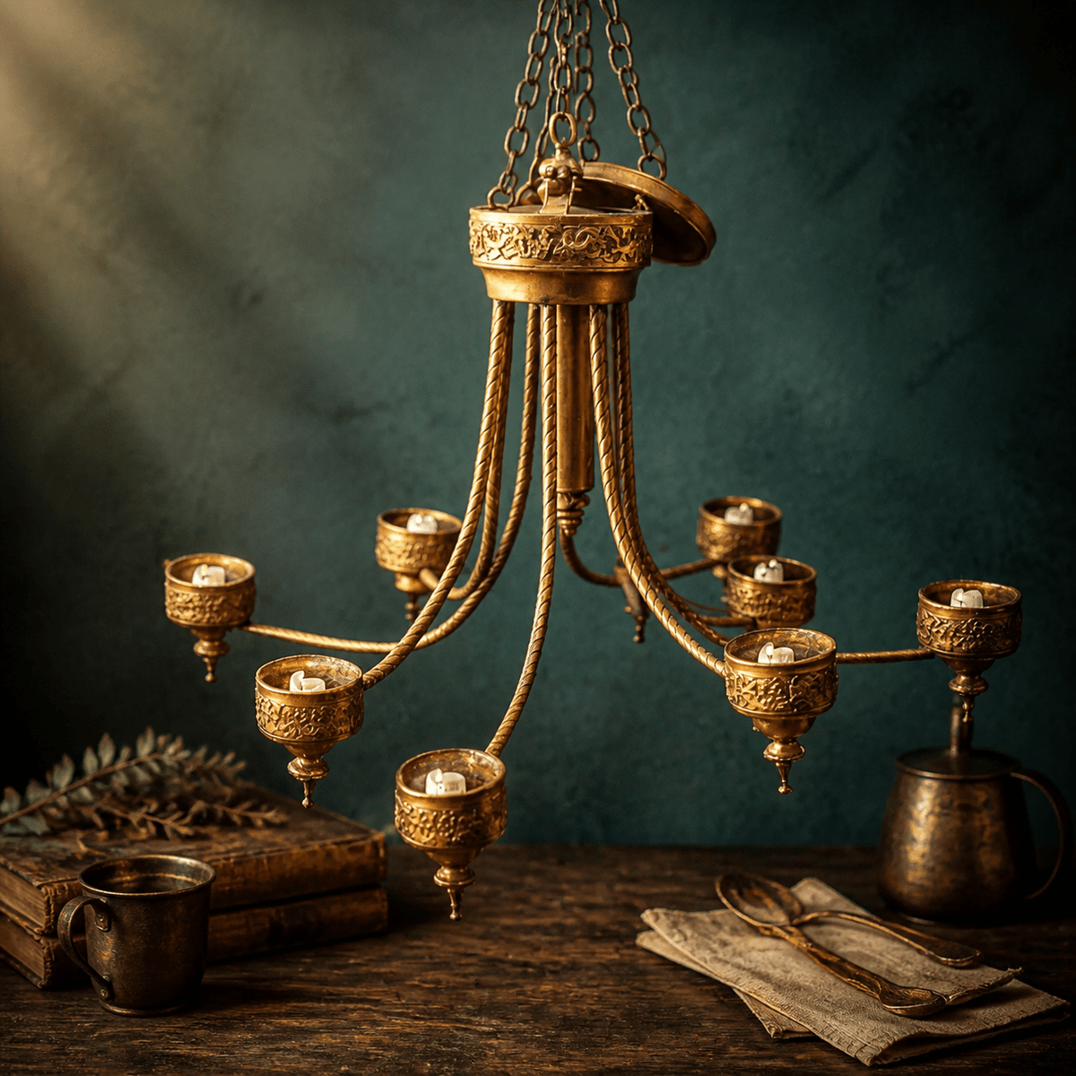 Vintage Brass 8-Arm Chandelier | Hanging Candelabra Light Fixture - The Relic Detail
