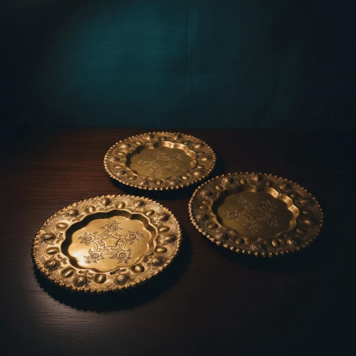 Vintage Brass Plate Trio | Etched Metal Saucers & Trays - The Relic Detail